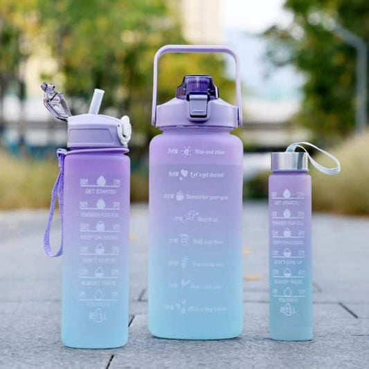 Sports Water Bottles 3 Pcs Set With Motivational Time Marker & Leak Proof Flip Top Lid
